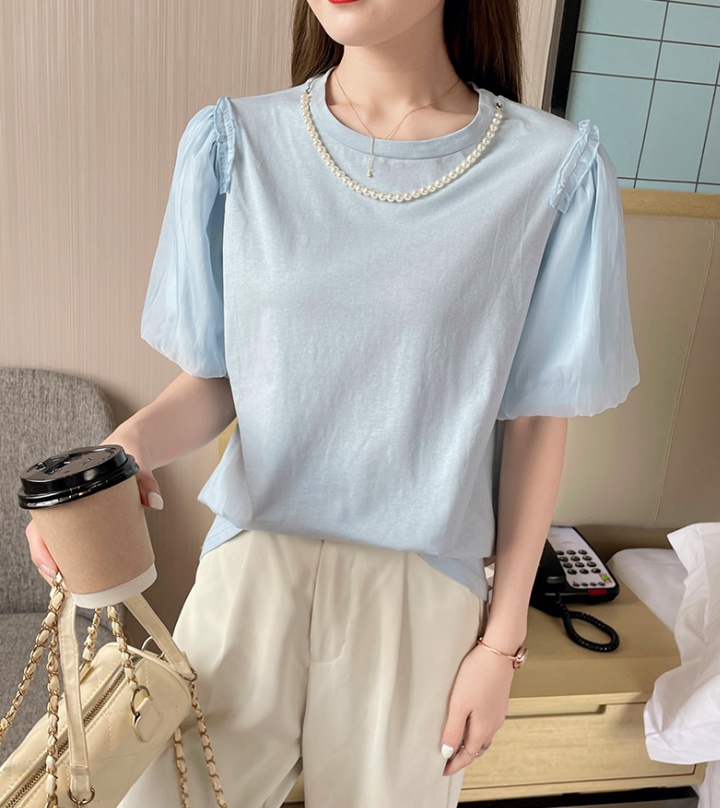Pure cotton beading T-shirt puff sleeve summer tops for women