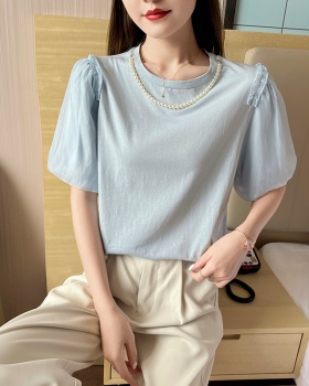Pure cotton beading T-shirt puff sleeve summer tops for women