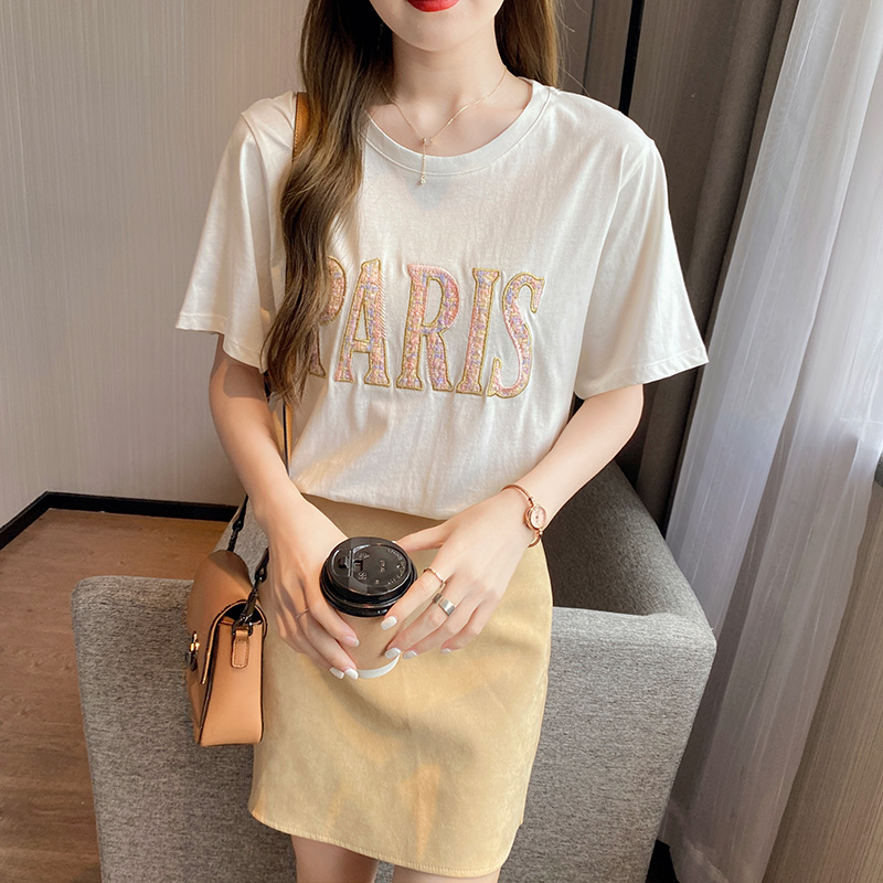 All-match pure cotton T-shirt embroidery tops for women