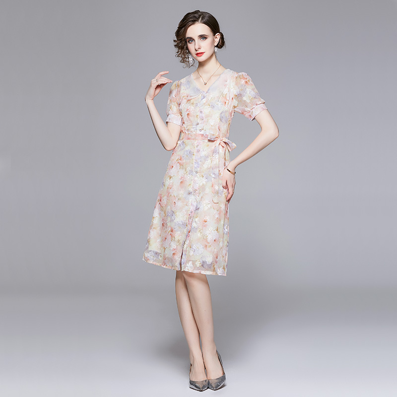 Lady floral doll collar France style jacquard summer dress