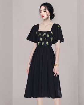 France style black retro drops of water embroidery dress