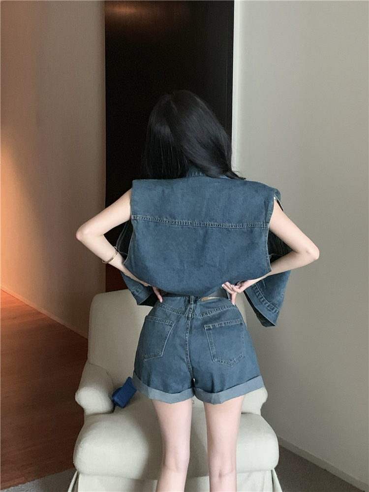 Fashion all-match short jeans lapel waistcoat 2pcs set