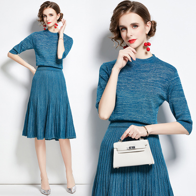 Pleated temperament autumn knitted simple skirt 2pcs set