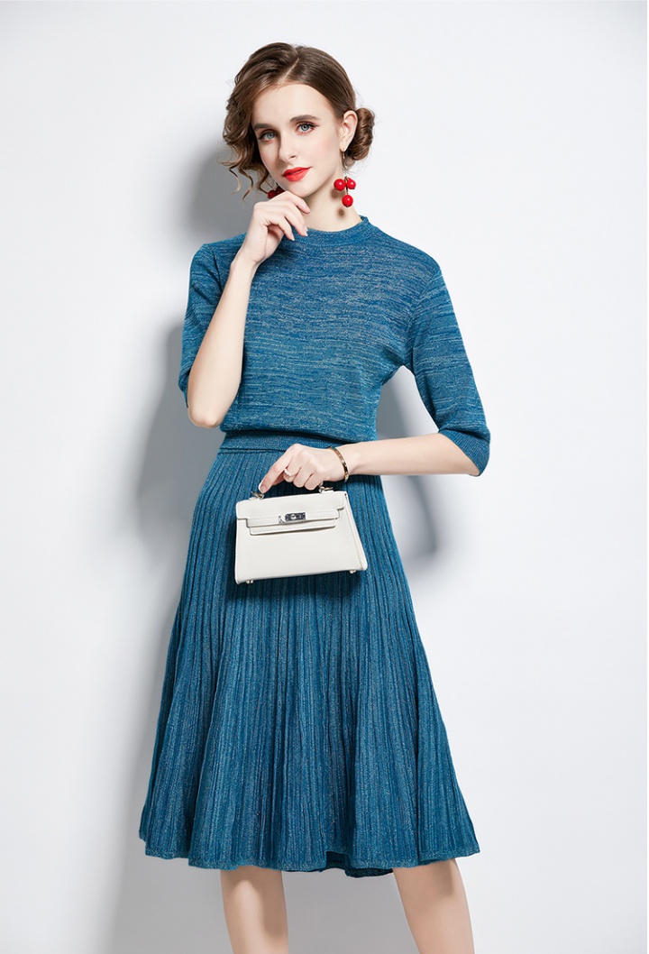 Pleated temperament autumn knitted simple skirt 2pcs set