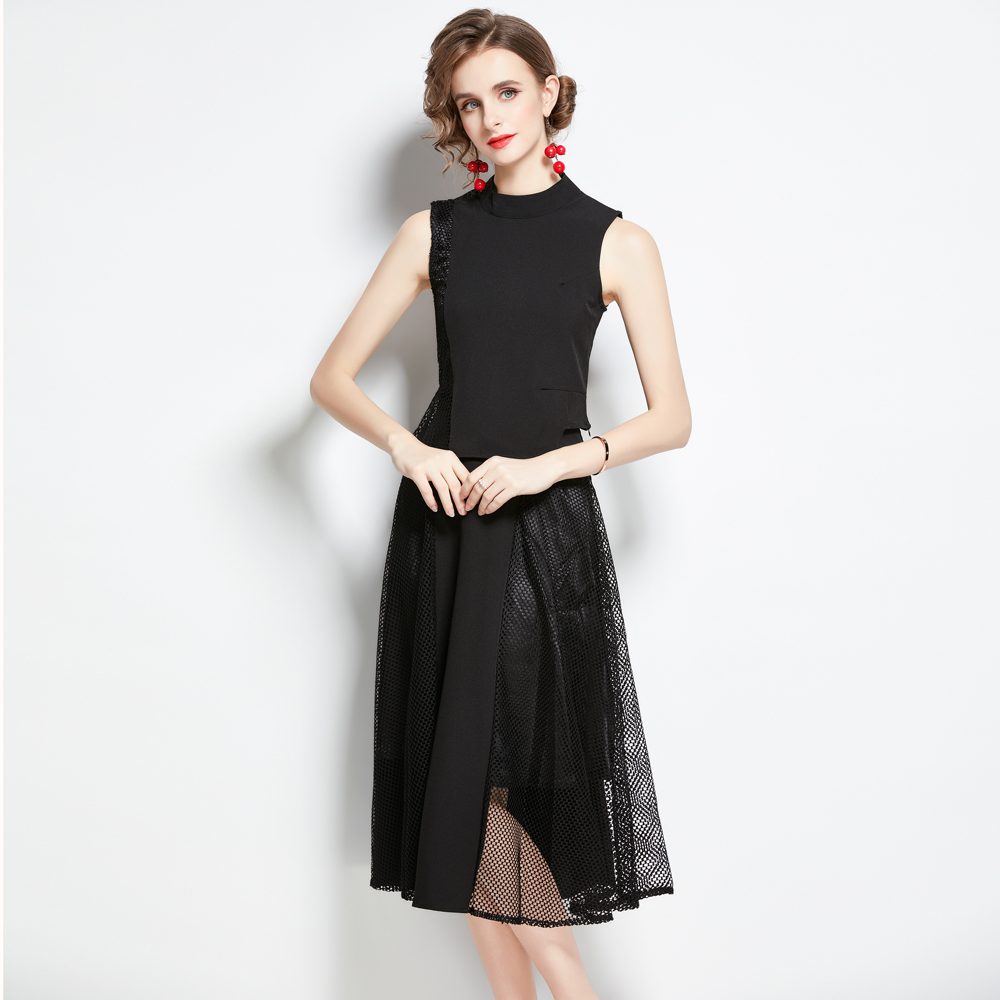 Fashion mesh skirt splice hollow vest 2pcs set