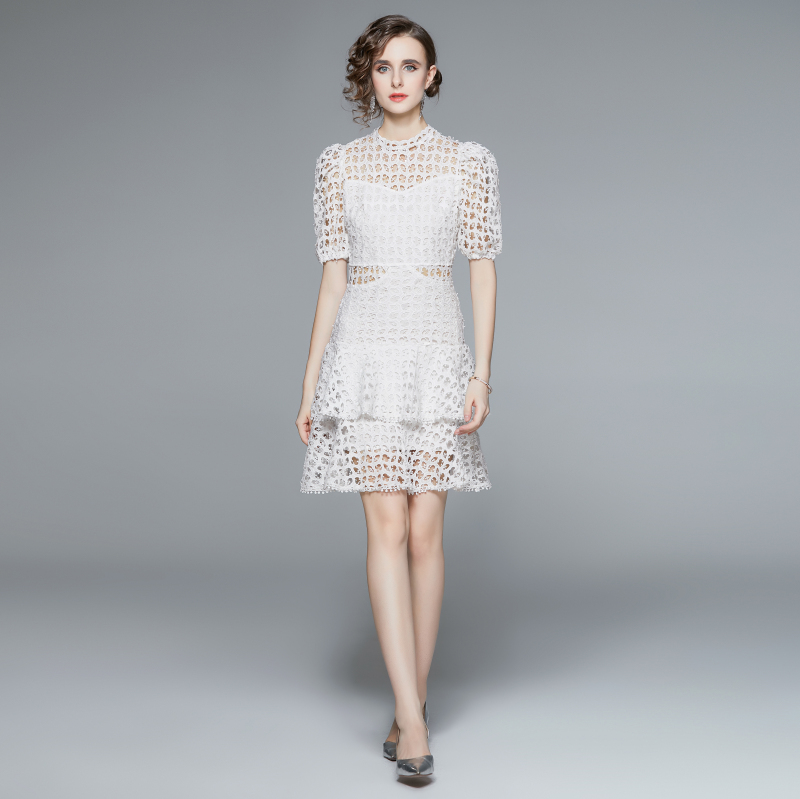 Cake lace France style hollow white short sleeve dress
