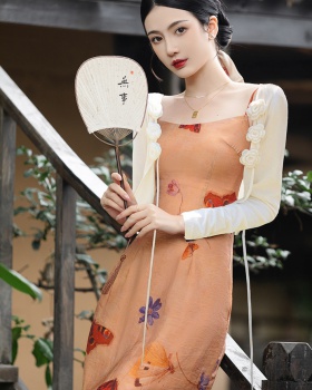 Chinese style long dress sling coat 2pcs set
