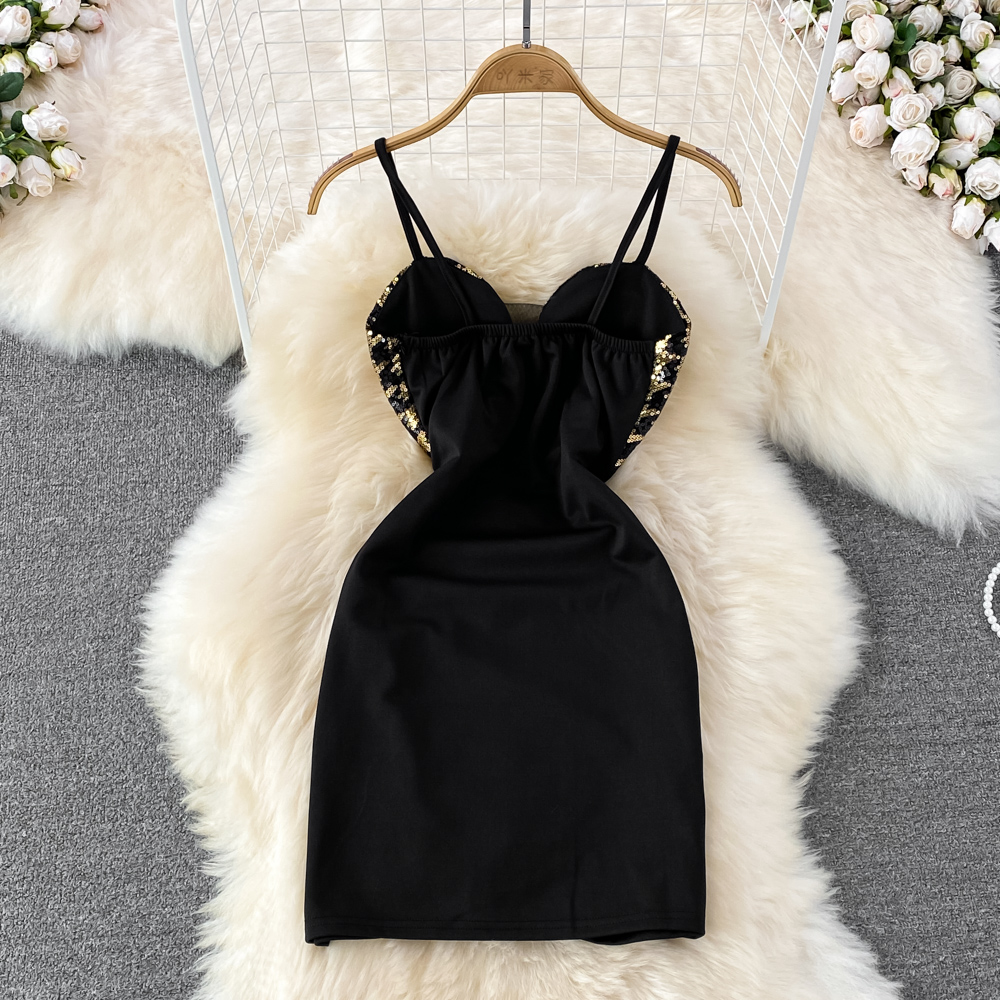 Sexy sleeveless sequins strap dress package hip tight dress