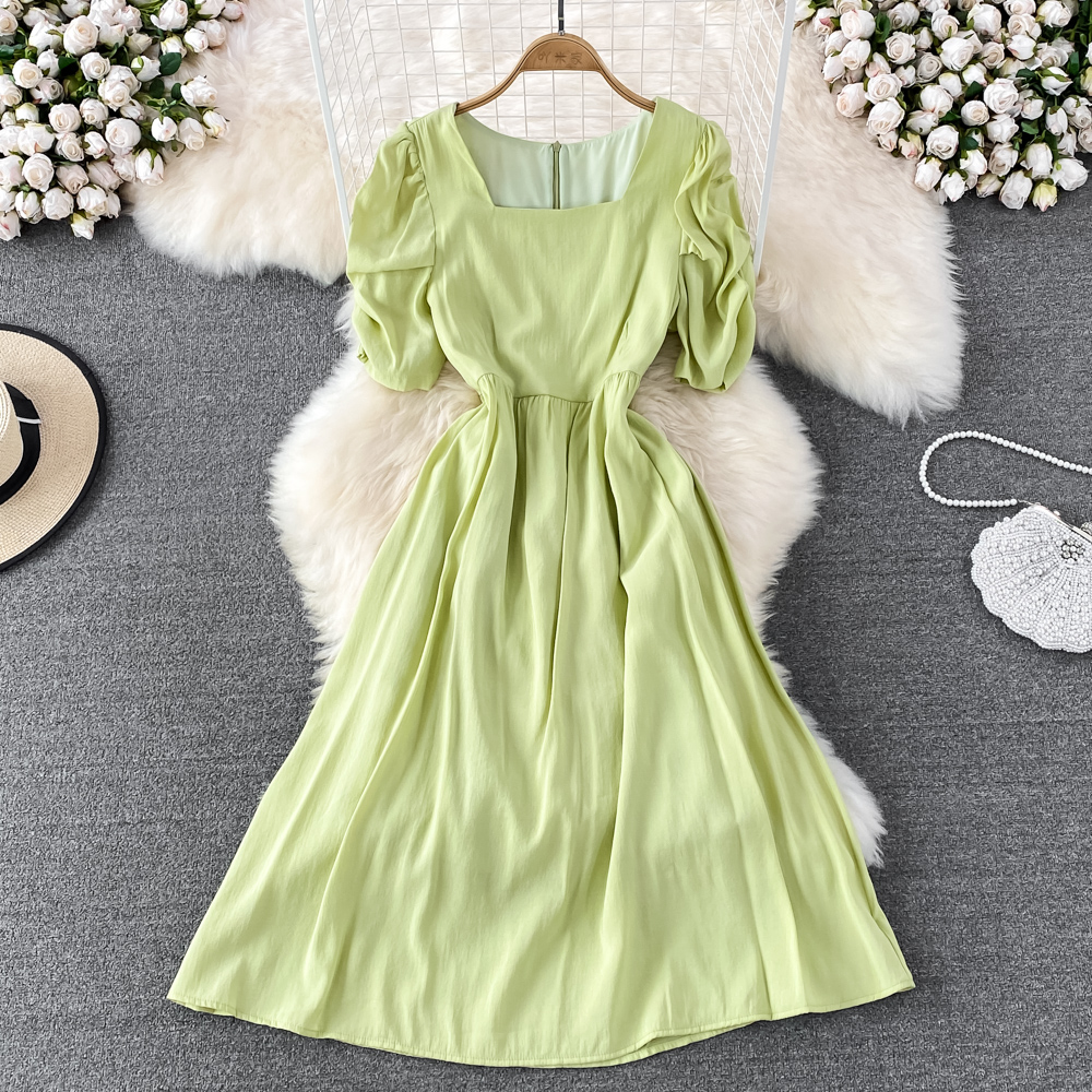 Square collar long dress pinched waist dress for women