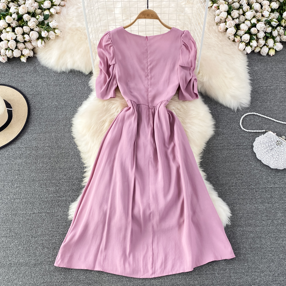 Square collar long dress pinched waist dress for women