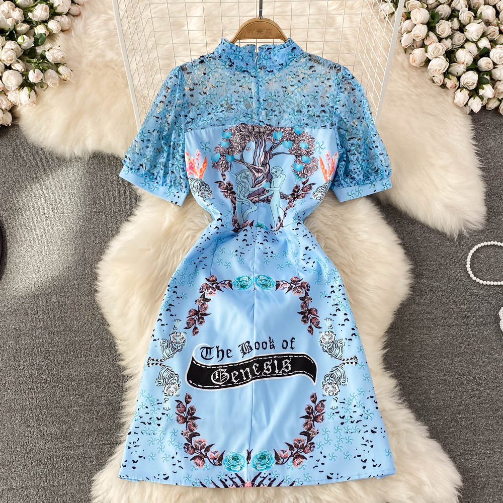 Printing court style summer cstand collar lace splice dress