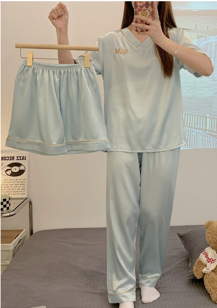 V-neck pure long pants summer pajamas 3pcs set for women