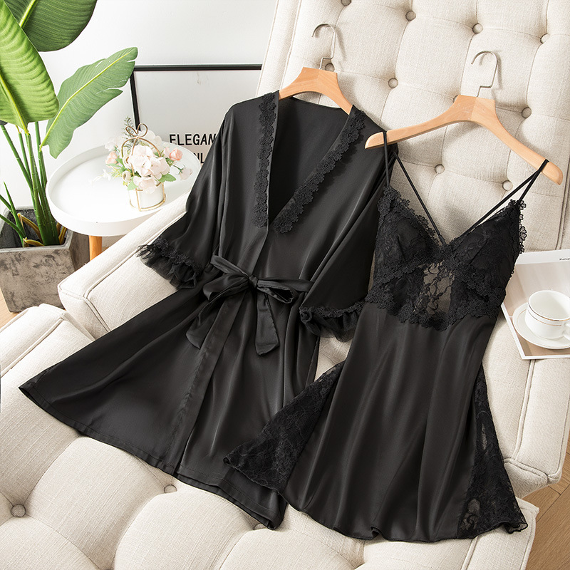Thin hollow pajamas lace nightgown 2pcs set for women