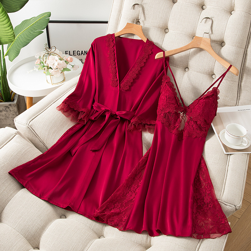Thin hollow pajamas lace nightgown 2pcs set for women