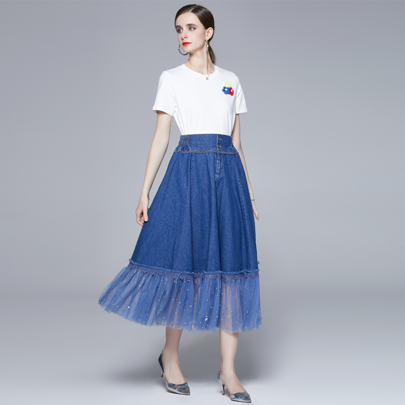Gauze summer T-shirt high waist retro skirt