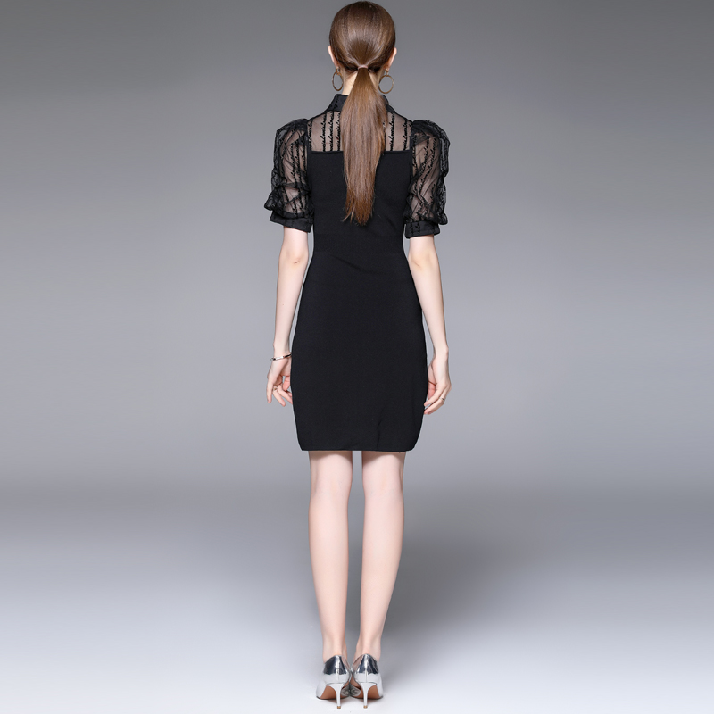 Lace black summer bow short sleeve knitted lapel dress