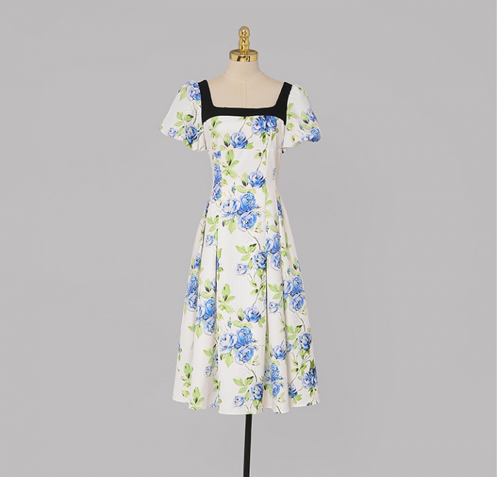 Summer square collar printing France style puff sleeve dress