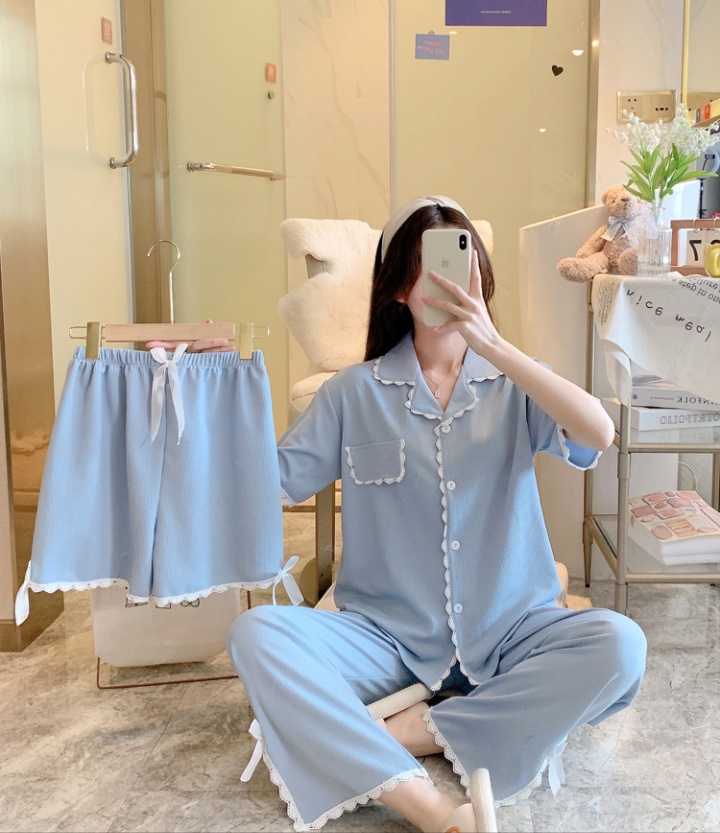Cotton long pants lace pajamas 3pcs set for women