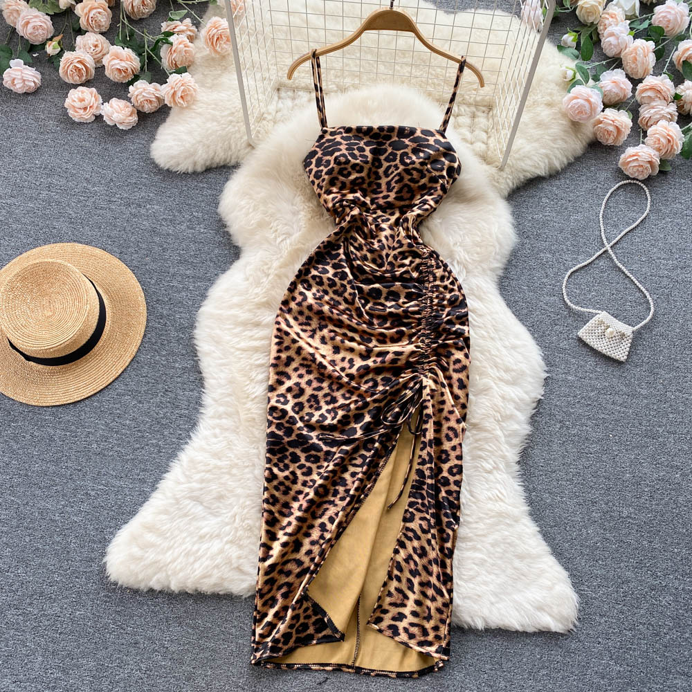 Leopard square collar slim fold package hip dress