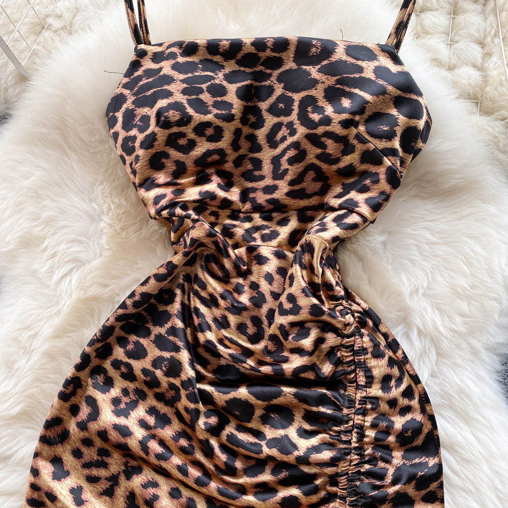 Leopard square collar slim fold package hip dress
