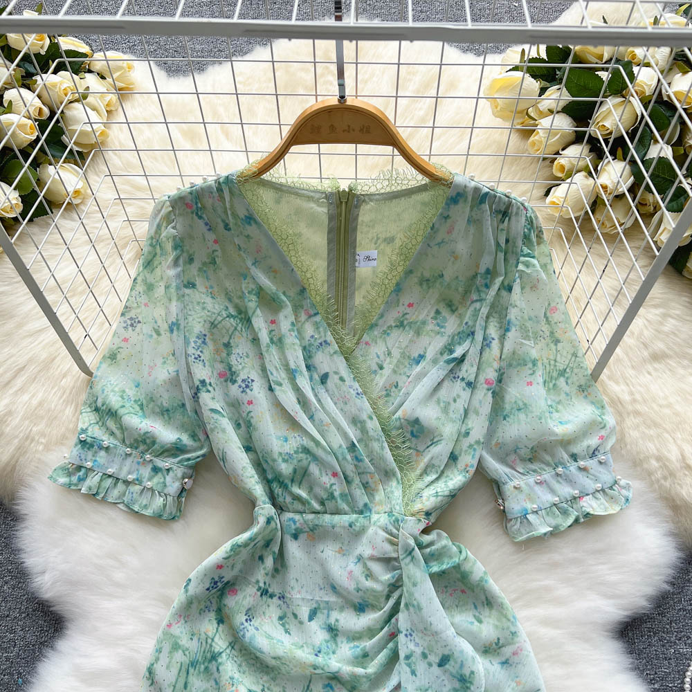 Printing V-neck sweet lotus leaf edges dress for women