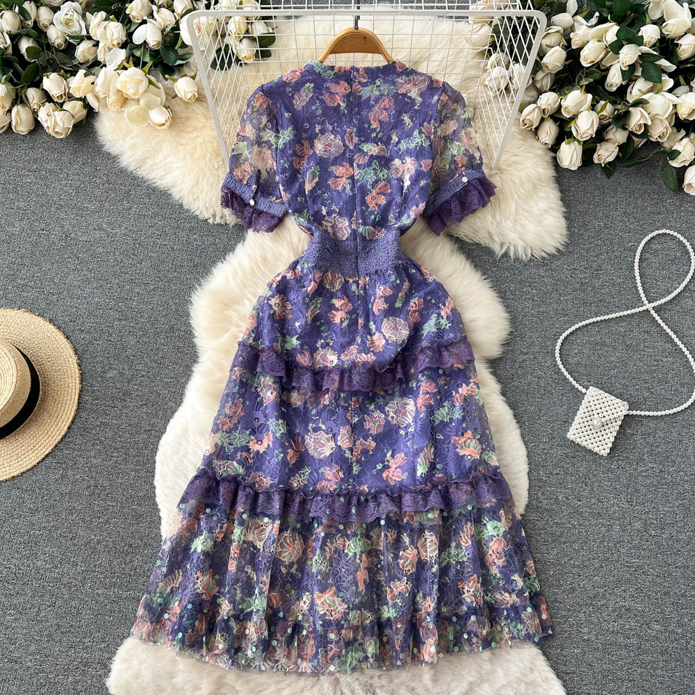 Wood ear court style slim dress printing sweet formal dress