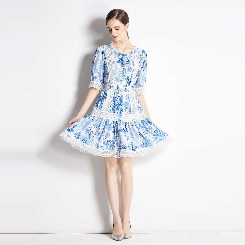 Printing court style spring and summer lace dress