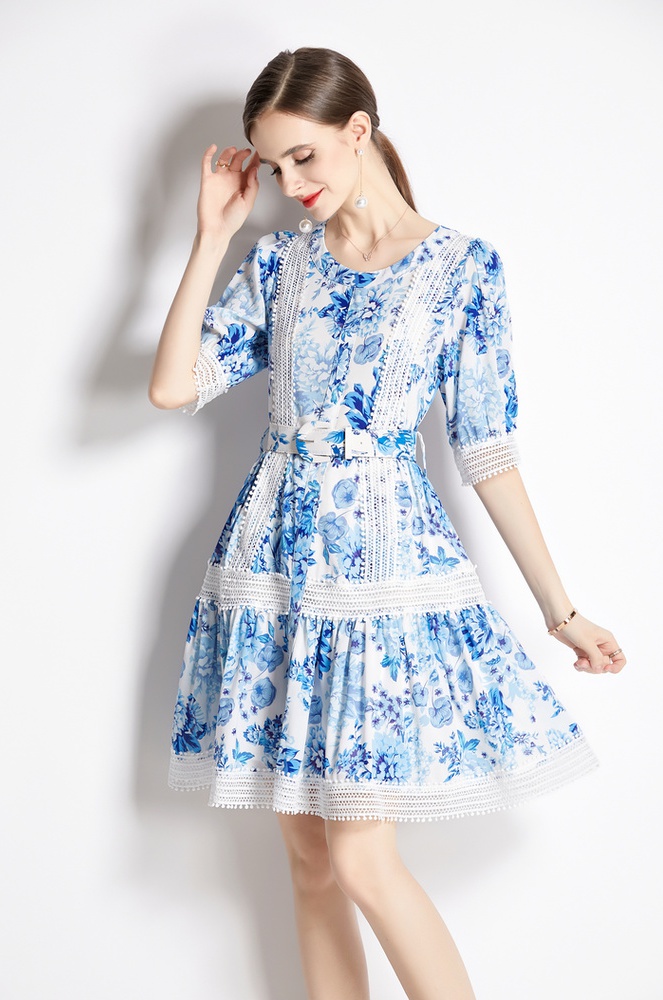 Printing court style spring and summer lace dress