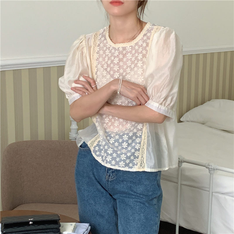 Round neck Korean style short sleeve splice lace shirt