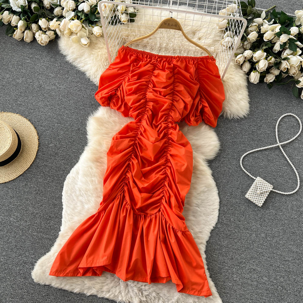 Long fold mermaid summer puff sleeve slim dress