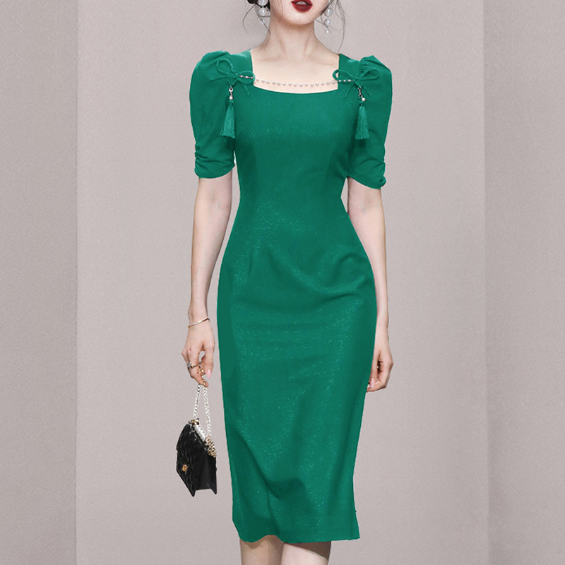 Puff sleeve green pinched waist square collar slim dress