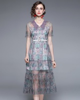 V-neck splice temperament gauze high waist embroidery dress