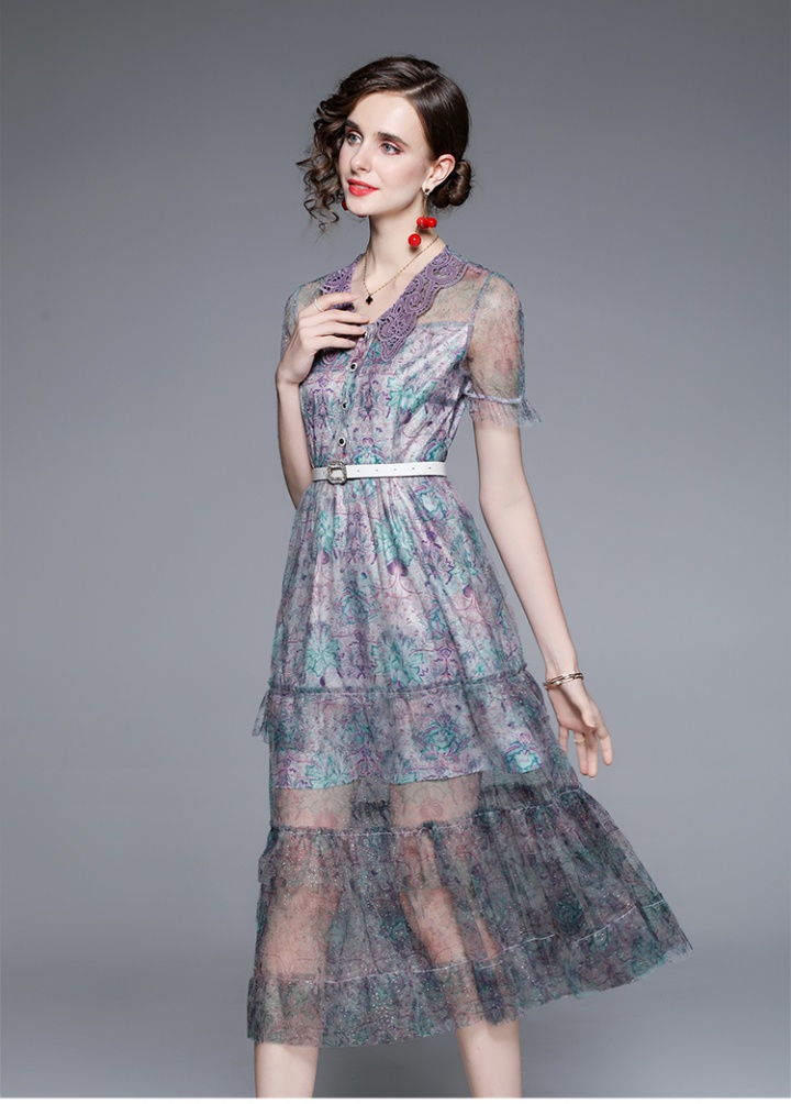V-neck splice temperament gauze high waist embroidery dress