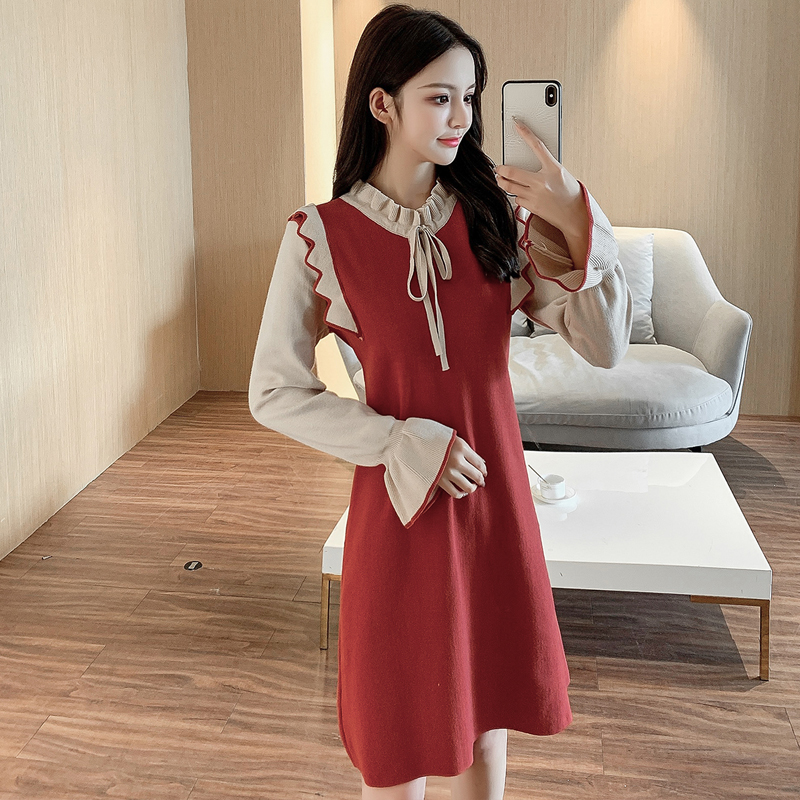 Pseudo-two bow sweater autumn and winter knitted dress