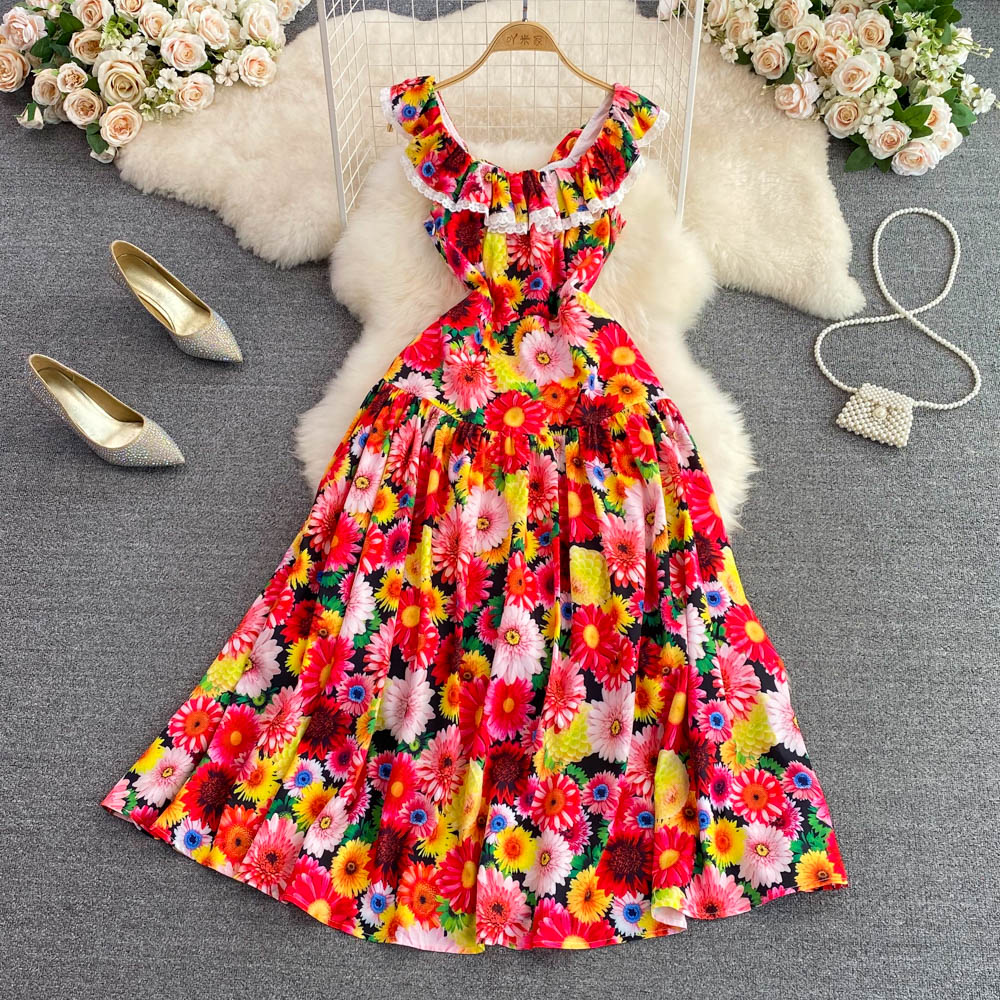 Tender floral strapless long dress slim big skirt dress