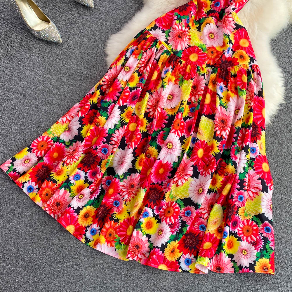 Tender floral strapless long dress slim big skirt dress