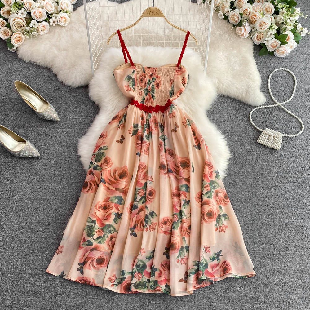 France style with chest pad dress floral strap dress