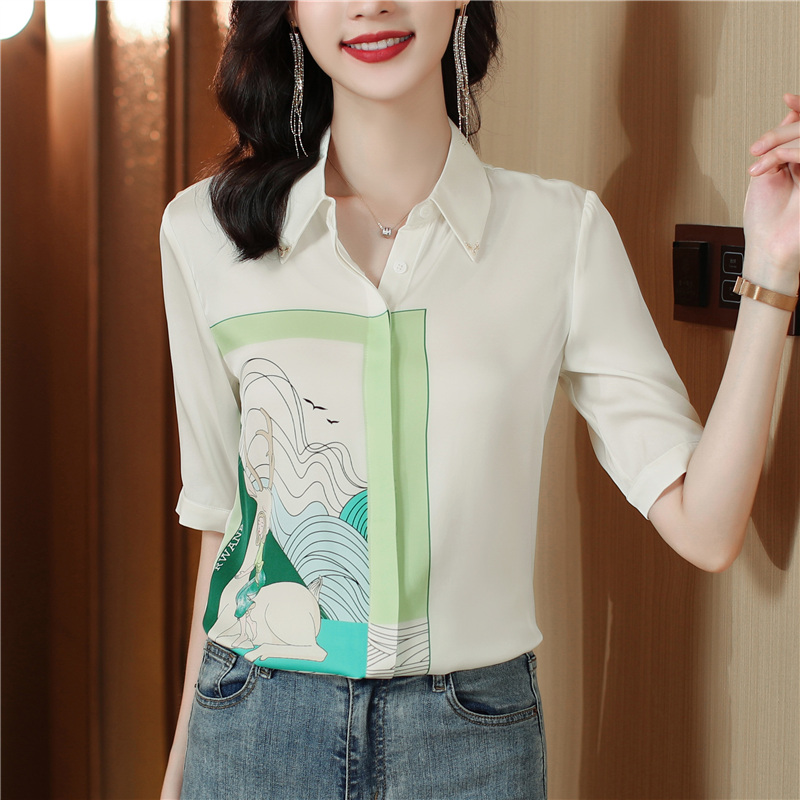 Real silk slim tops printing silk shirt for women