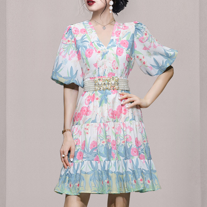 V-neck temperament elegant retro summer dress