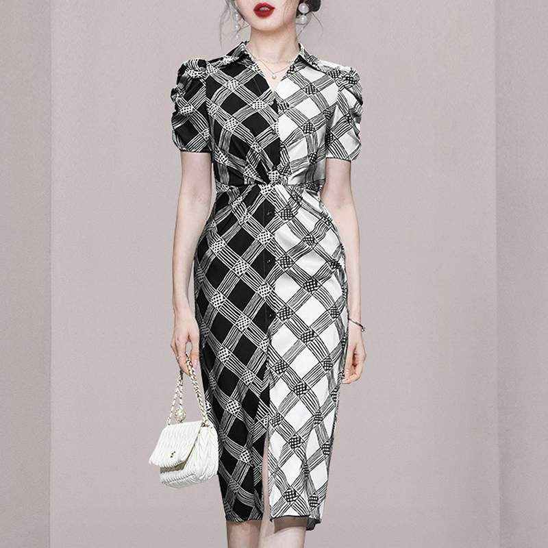 Fashion puff sleeve black-white slim lapel dress