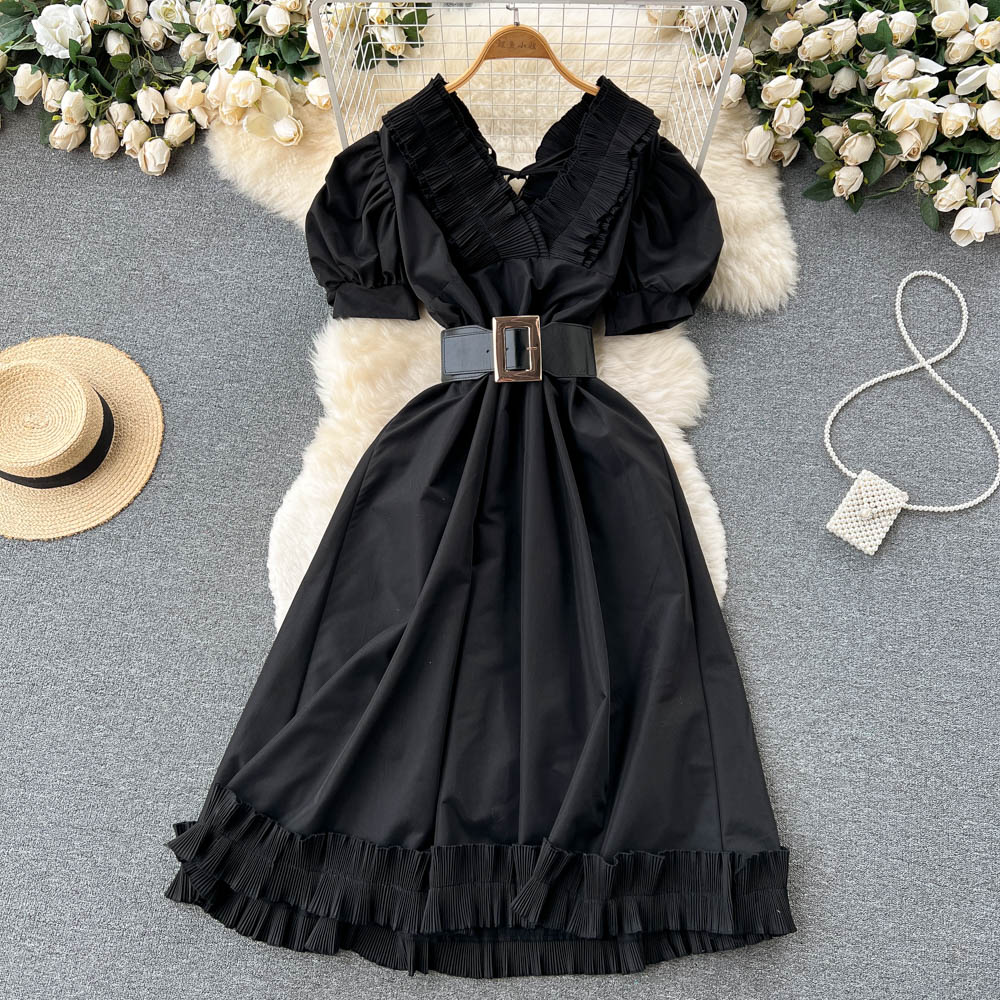 V-neck beautiful slim pinched waist dress for women