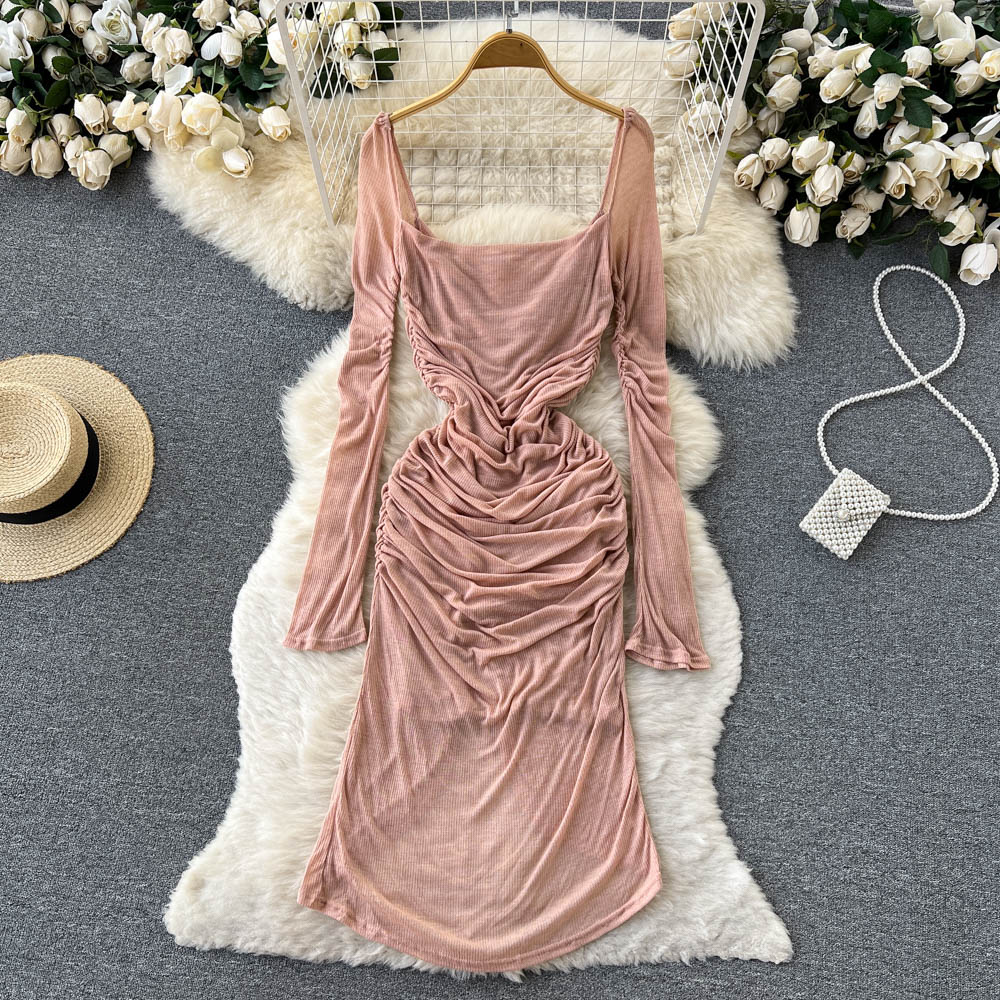 Slim fold temperament dress pure V-neck long dress for women