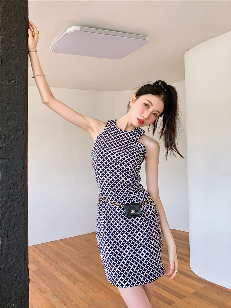 Small round collar summer houndstooth dress for women