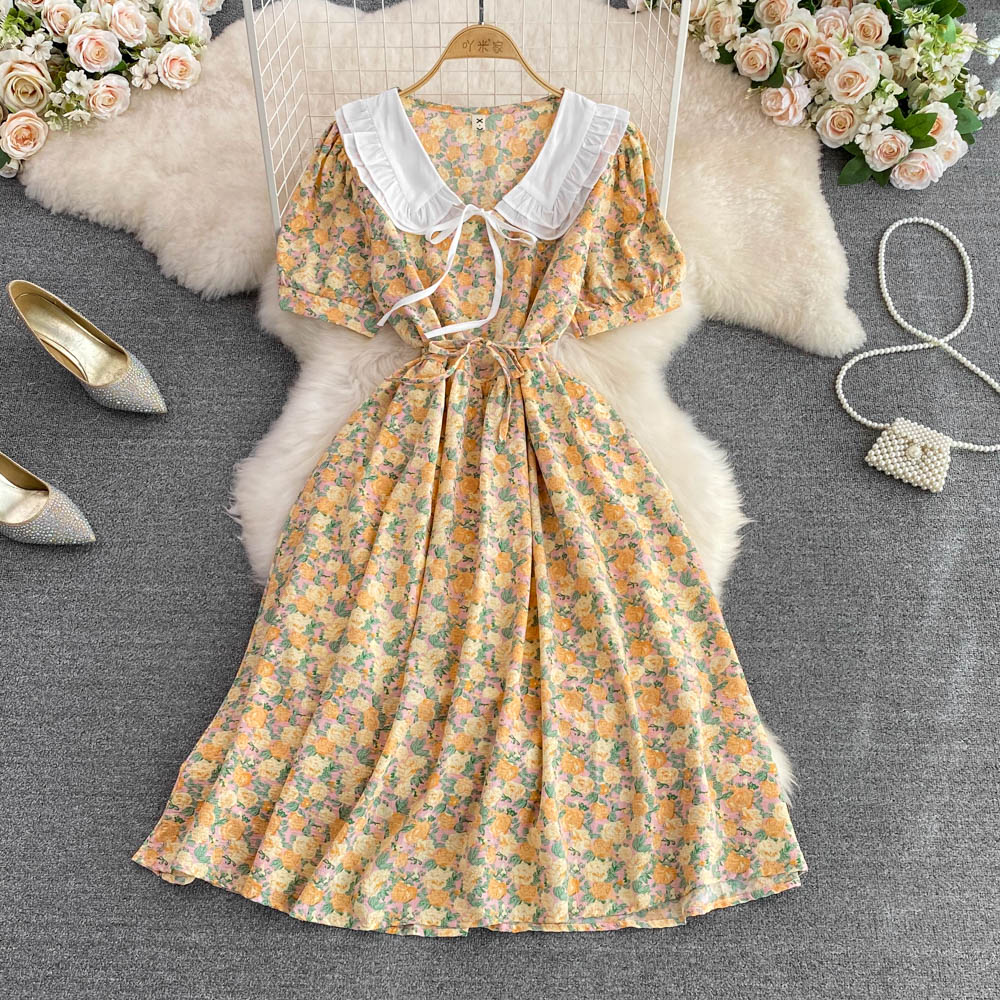 Retro slim sweet floral tender dress for women