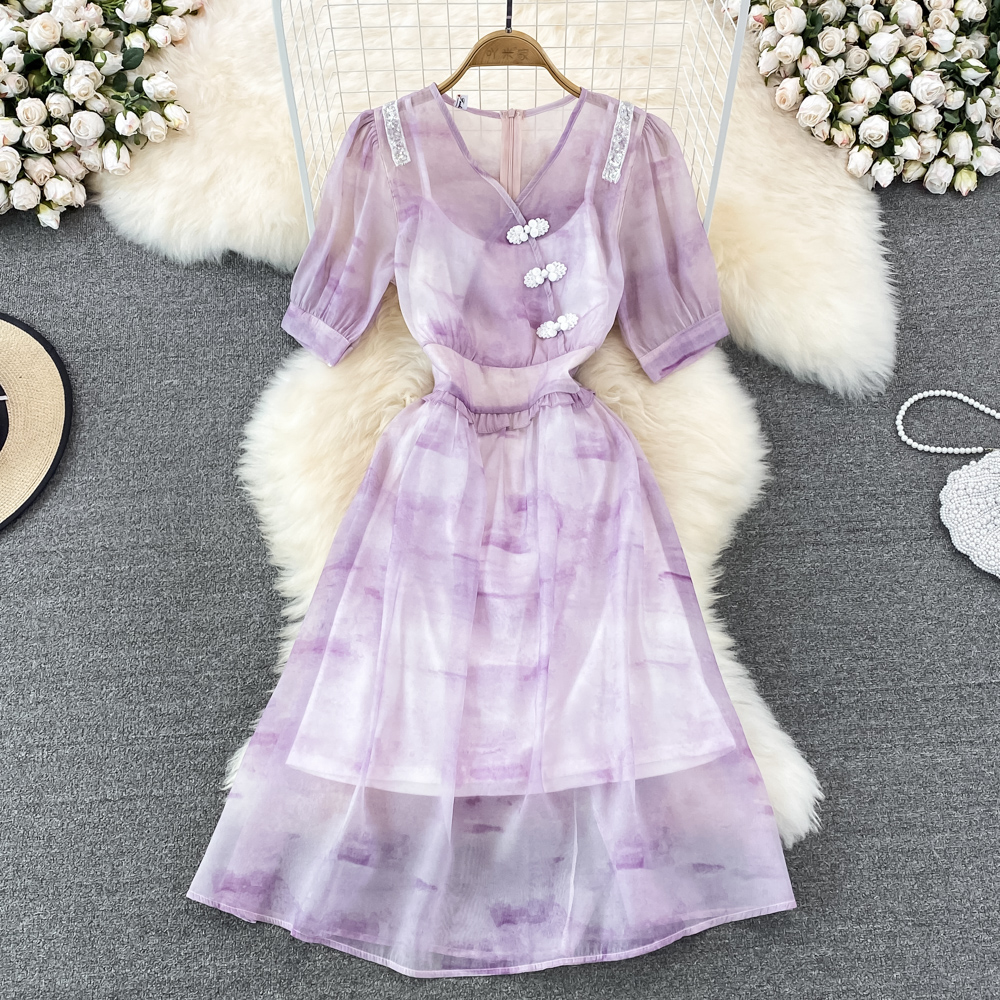 Chinese style pinched waist summer temperament dress