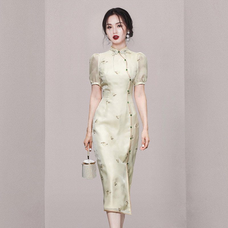 Slim temperament dress summer apricot long dress for women