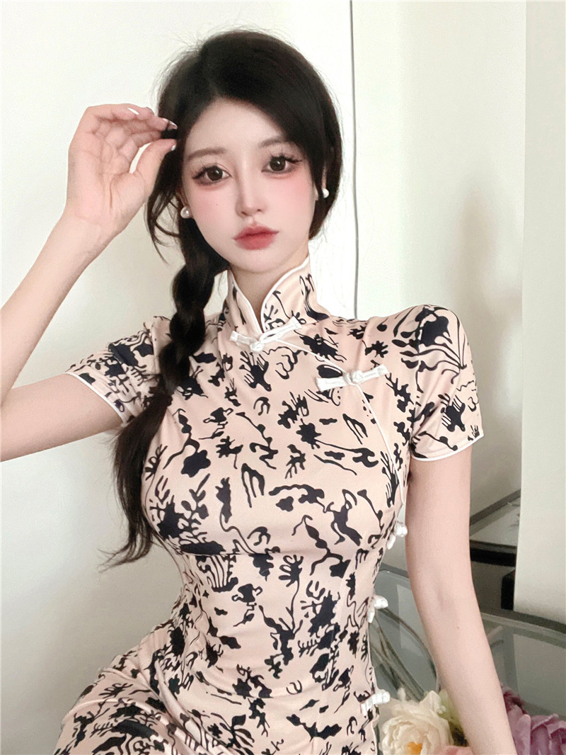 Retro long dress summer printing cheongsam