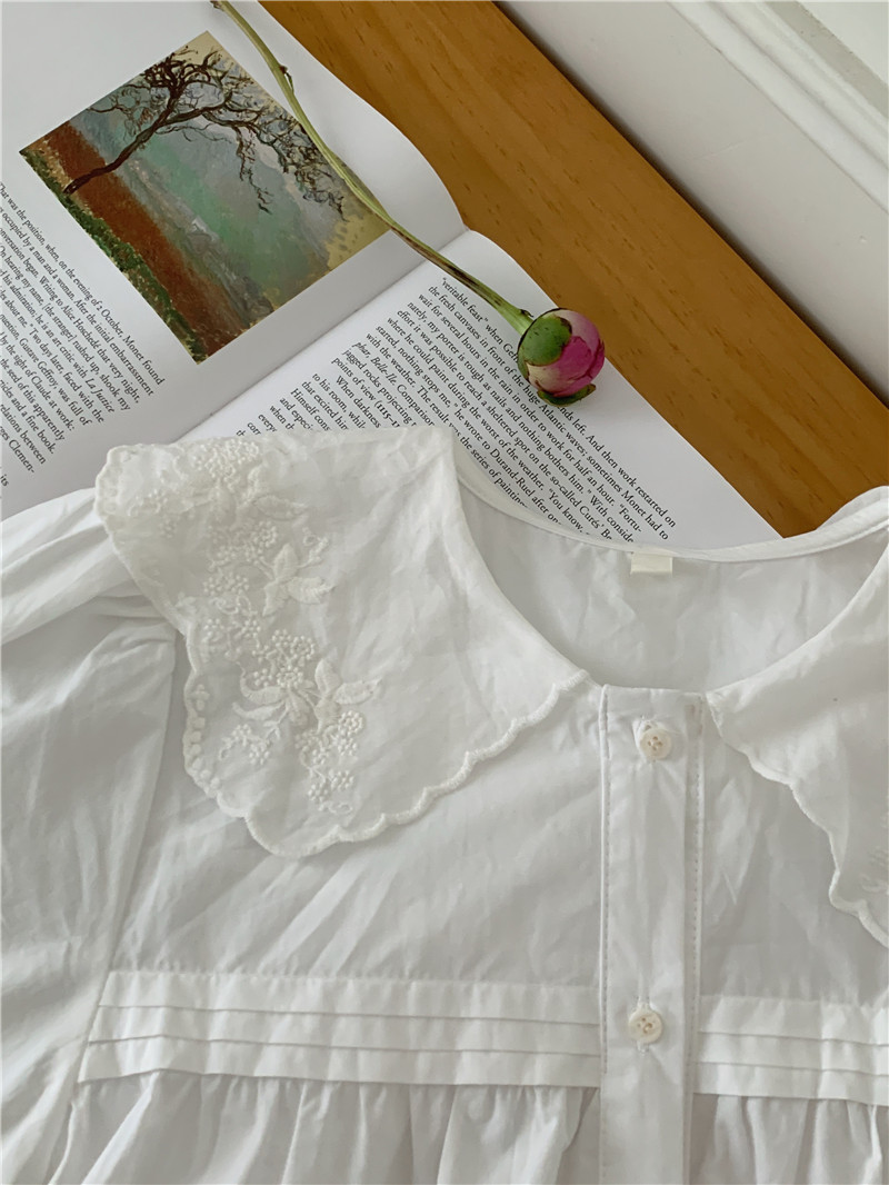 Edge collar college style Korean style embroidered flowers shirt