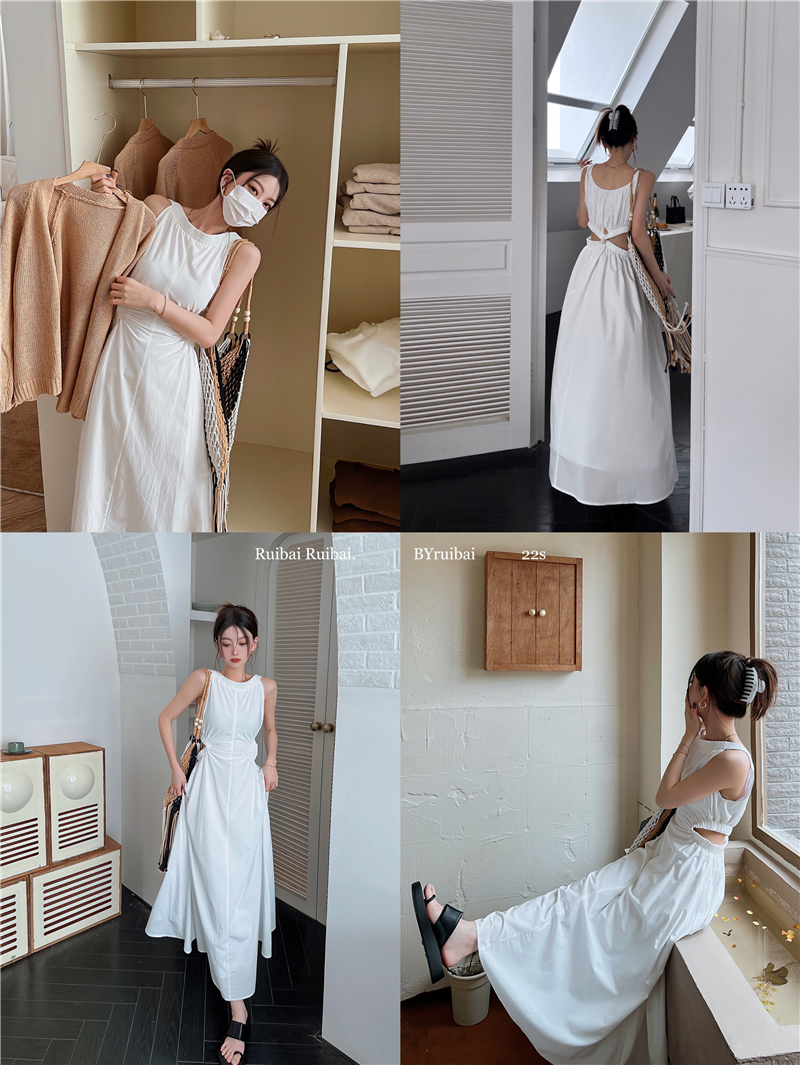 Waist long chouzhe white art temperament hollow dress