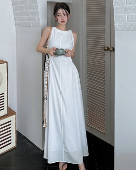 Waist long chouzhe white art temperament hollow dress